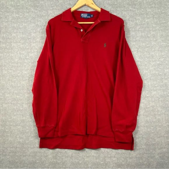 Polo by Ralph Lauren Mens‎ Red Long Sleeve Button Collar Polo Size Medium - Picture 1 of 12